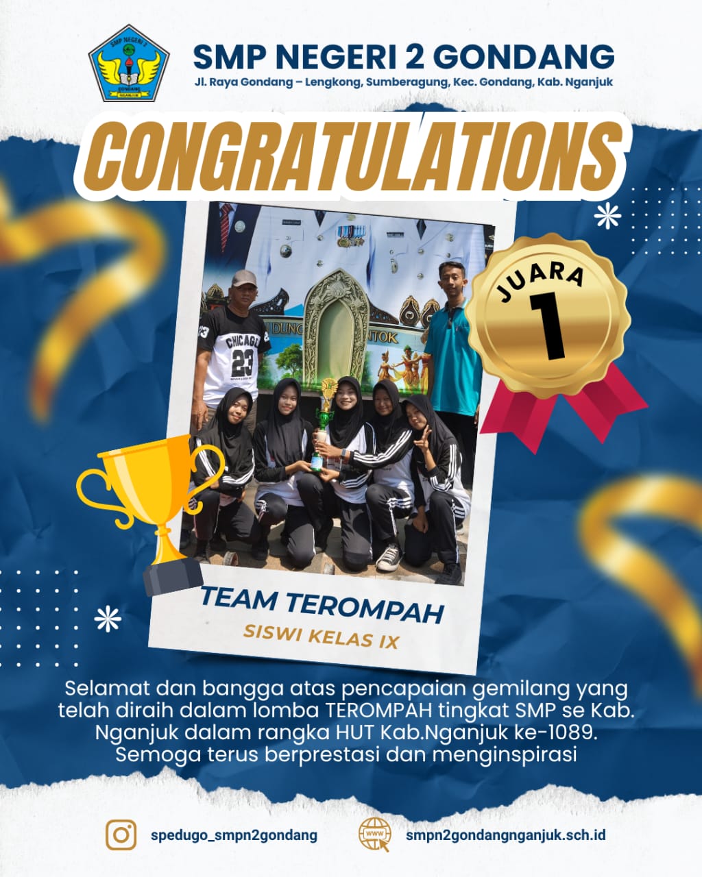 Juara 1 Lomba Trompah tingkap SMP dalam rangka HUT Kab. Nganjuk ke-1089